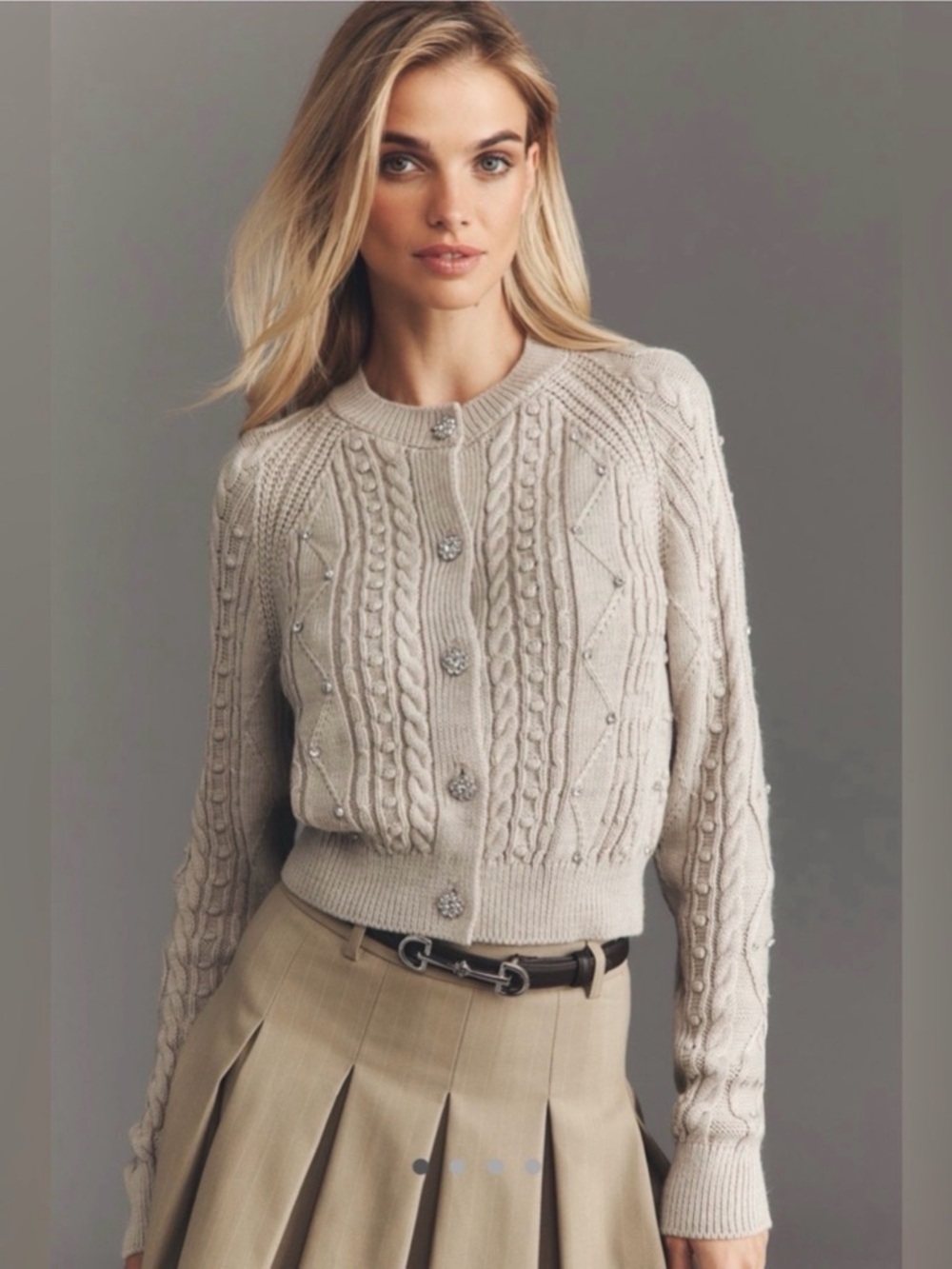 Anthropologie Beige Cable Knit Embellished Cardigan
